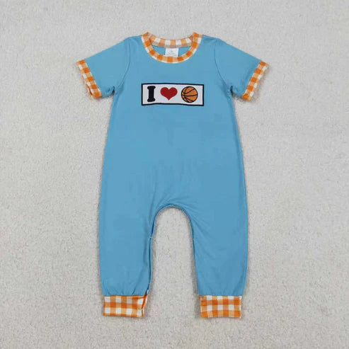 12.22 RTS Sibling Baby Boys Embroidery I Love Balls Top Checked Pants Team Clothes Set Footie Rompers