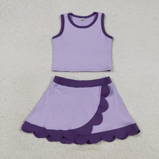 GSD4026 RTS NO MOQ （In stock ）Sleeveless lavender purple scallop kids girls active wear set
