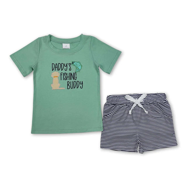 RTS Sibling Daddy's fishing buddy top stripe shorts kids clothes and romper