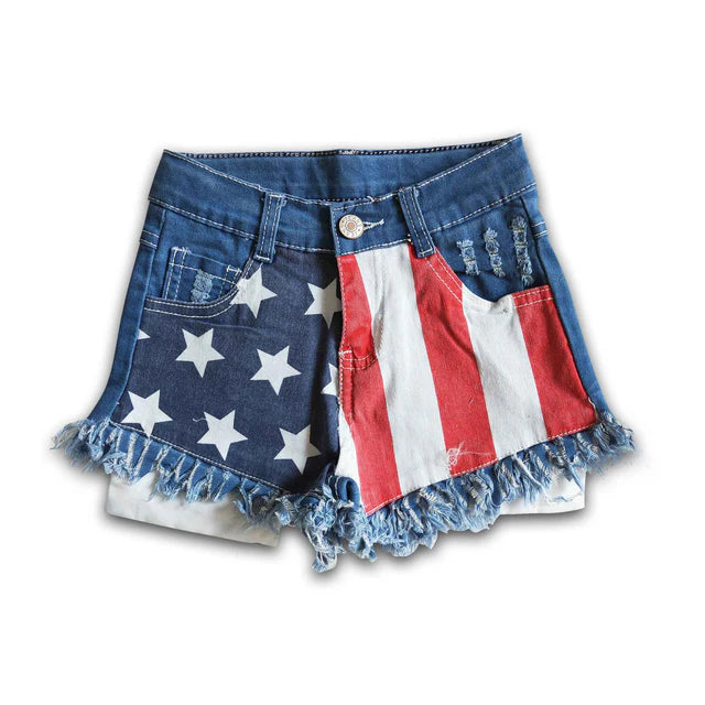 RTS Sibling Stripe star kids girls 4th of july denim shorts