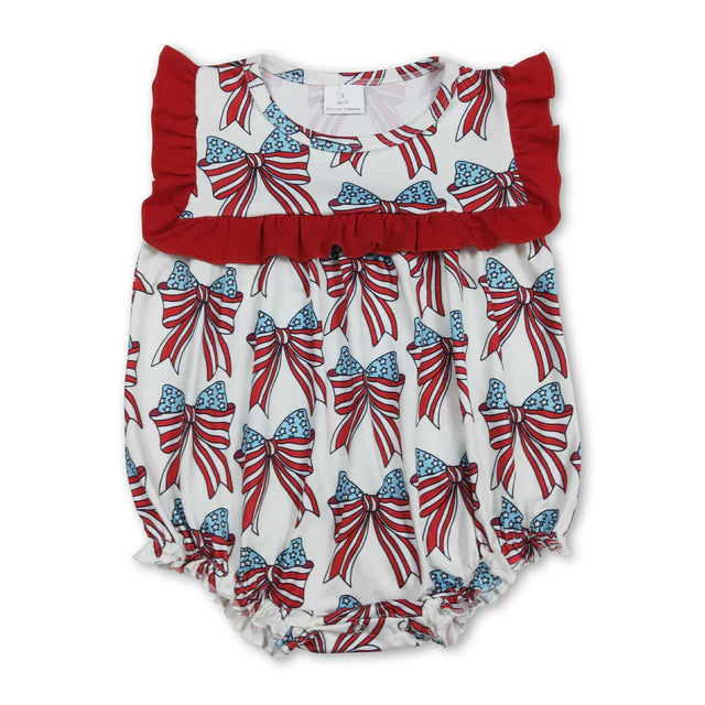 RTS Sibling Red ruffle stars stripe bow baby girls 4th of july romper