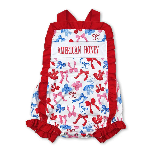 RTS Sibling Red ruffle stars stripe bow baby girls 4th of july romper