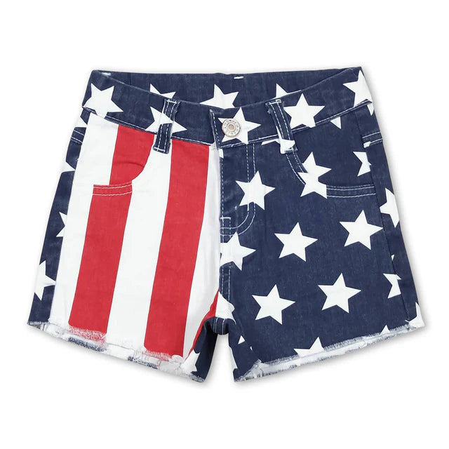 RTS Sibling Stripe star kids girls 4th of july denim shorts