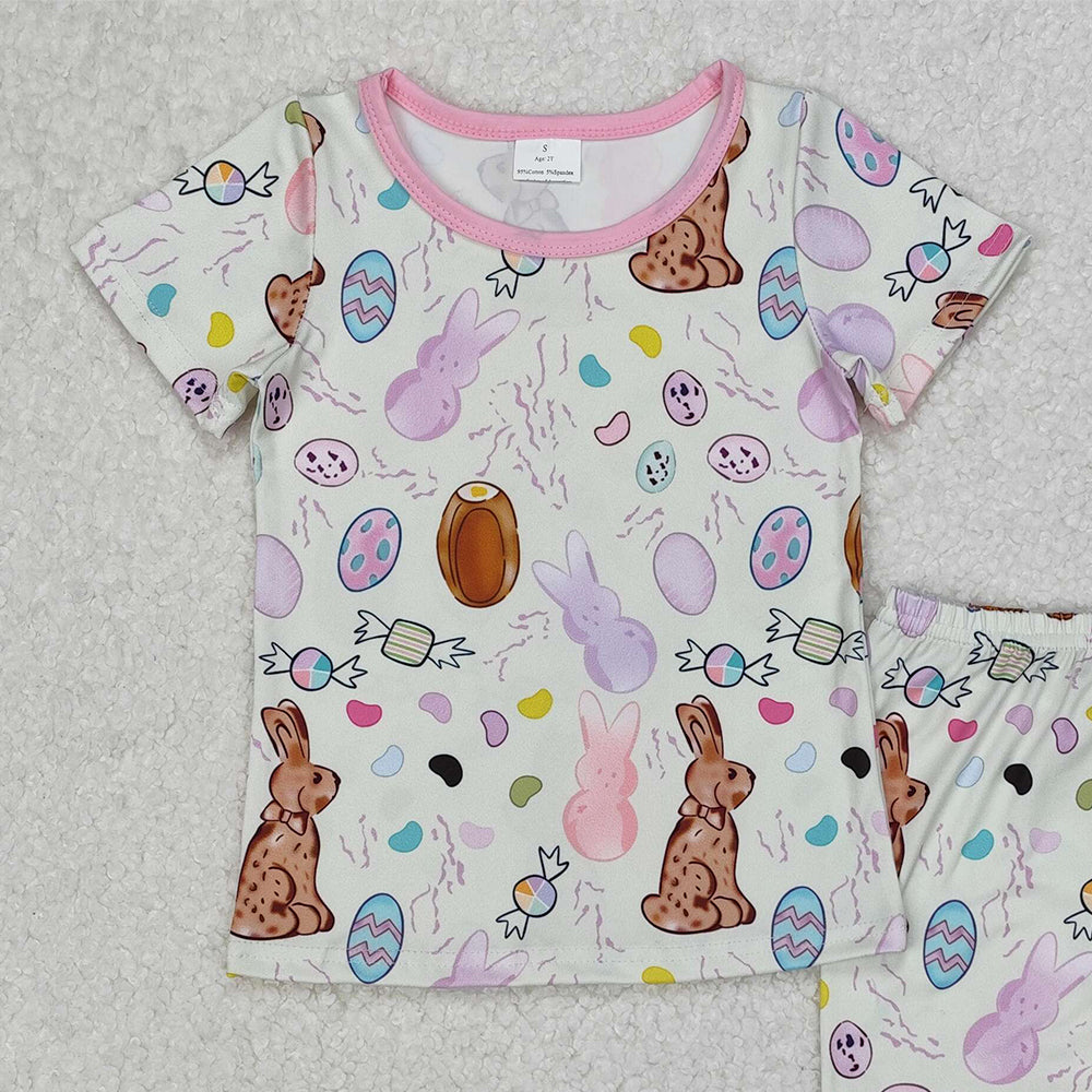 GSPO1960Kids Girls Short Sleeve Easter Pajamas Bunny Eggs Design Comfortable Sleepwear for Spring
