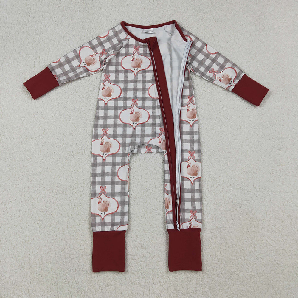 10.10 RTS NO MOQ （In stock）LR2691 Baby Boys Winter Rompers Baby Boys Turkey Checked Thanksgiving Zipper Footie Rompers