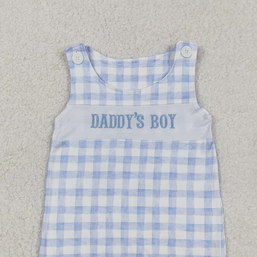 RTS NO MOQ （In stock）SR2945 Baby Boys Summer Rompers Light Blue Plaid Sleeveless Dad's Boy Romper