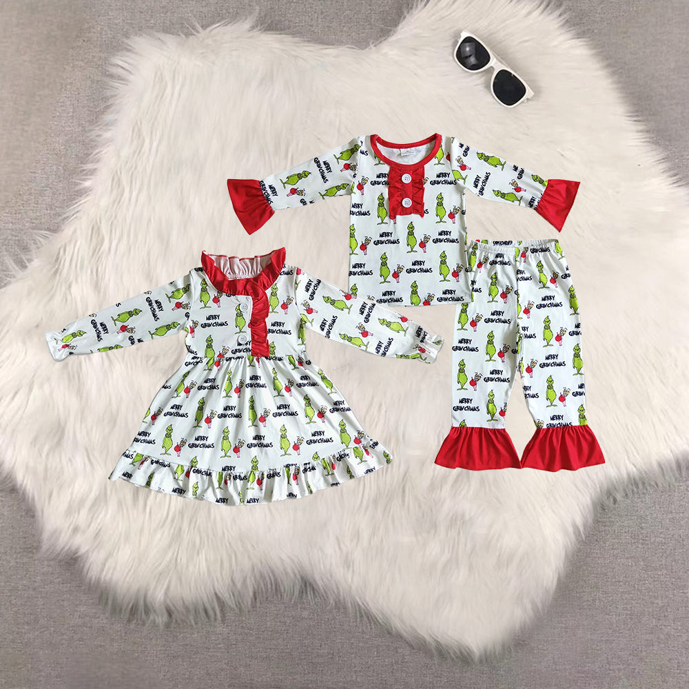 8.20 RTS Sibling Green face merry Christmas kids girls pajamas set