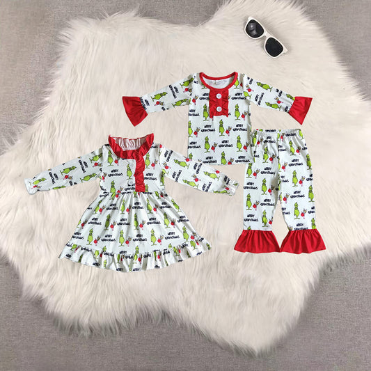 8.20 RTS Sibling Green face merry Christmas kids girls pajamas set