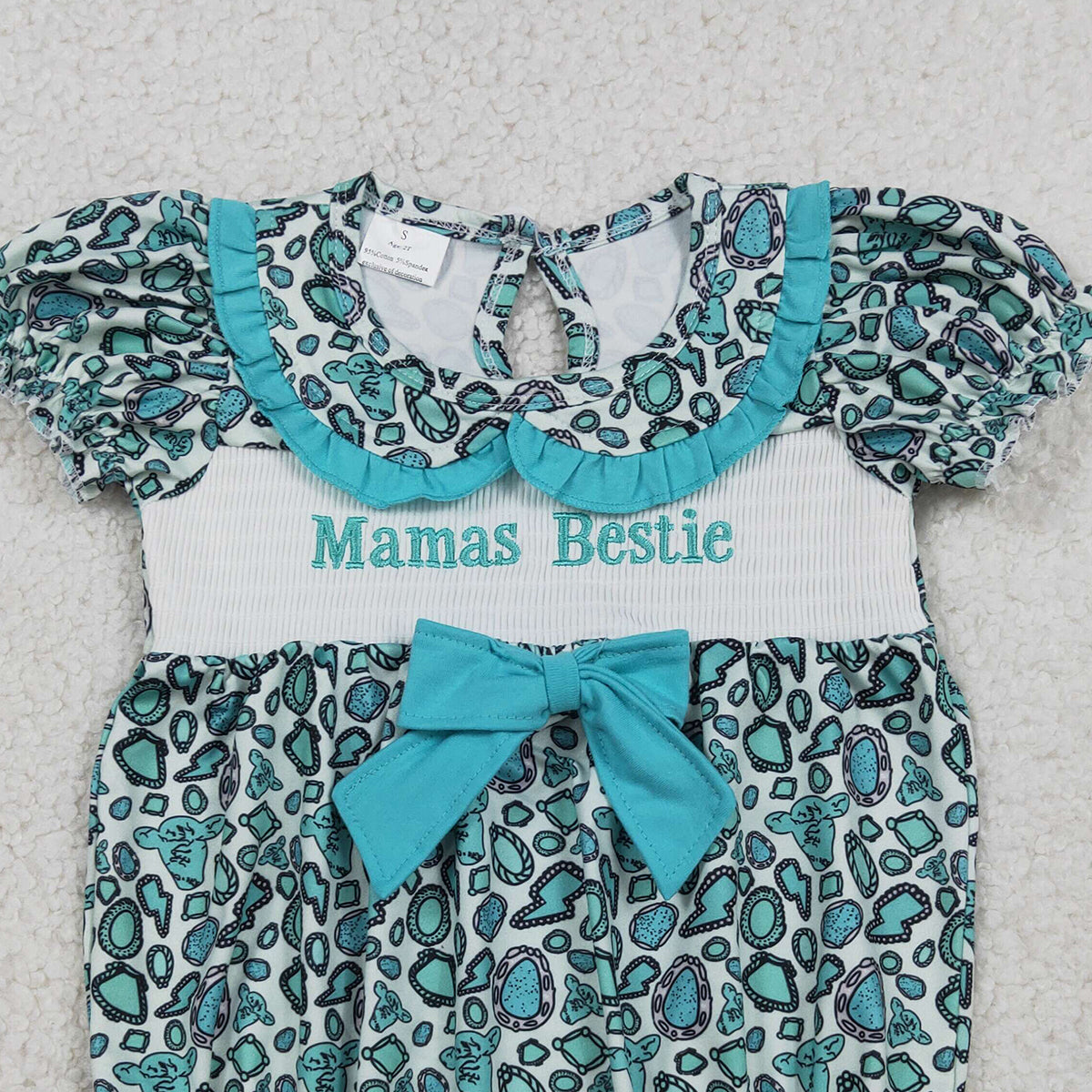 3.26 RTS NO MOQ （In stock）SR3863 Children's Fashion Romper Baby Girls Smocked Mama's Bestie Turquoises Collar Western Ruffle Rompers