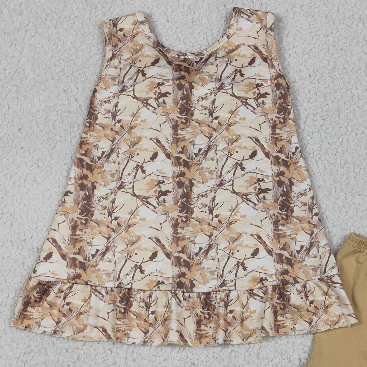 GSSO3467  RTS NO MOQ （In stock）Baby Girls Sleeveless Southern Leaves Camo Tunic Ruffle Shorts Clothes Sets