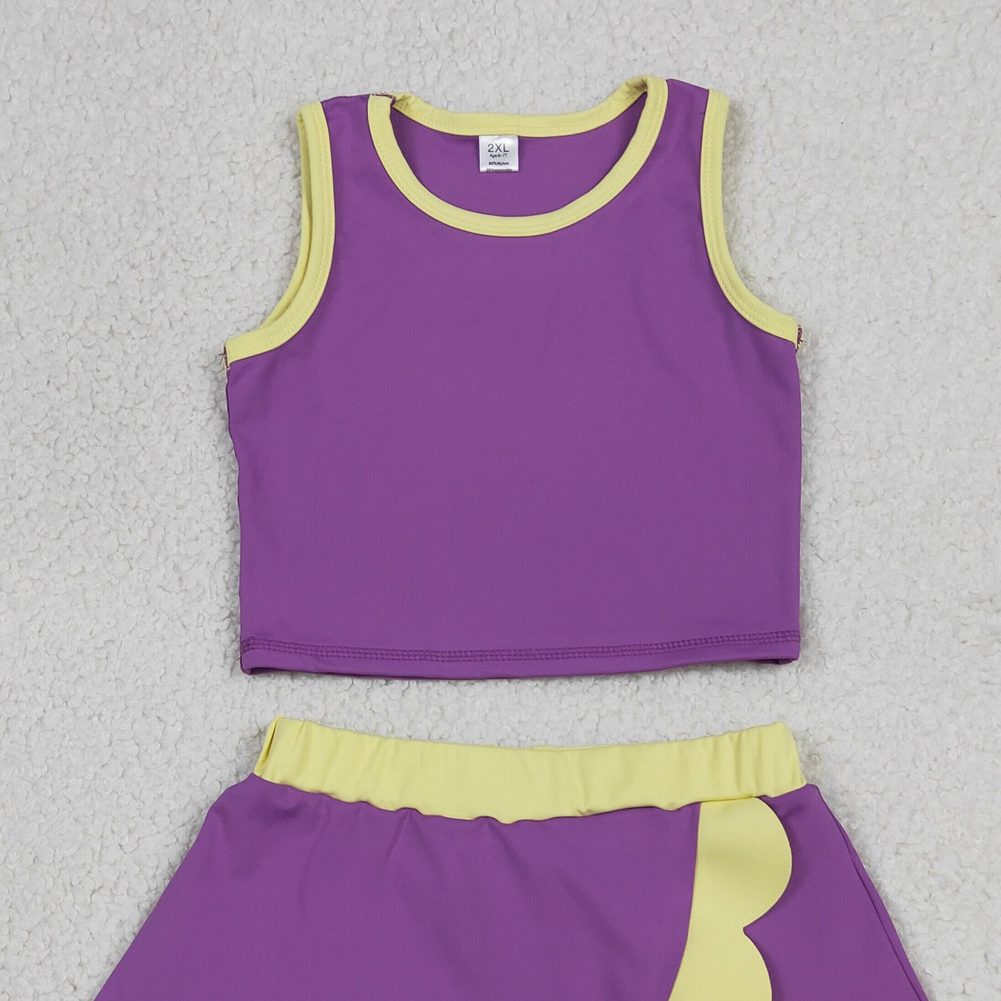 GSD4015 RTS NO MOQ （In stock）Sleeveless purple yellow scallop girls team active wear set