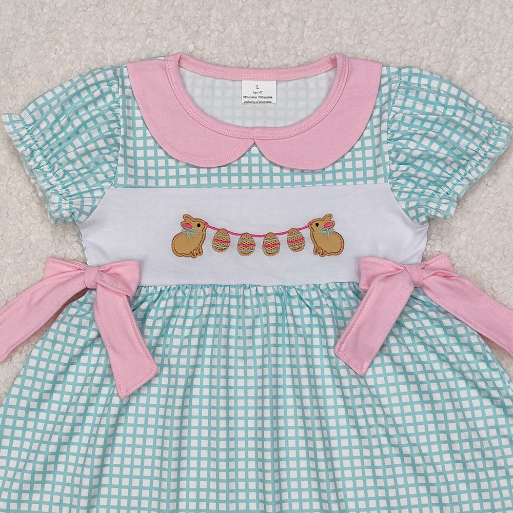 GSD1773Girls Plaid Bunny Eggs Bow Easter Dress Short Sleeves Spring Frock for Kids
