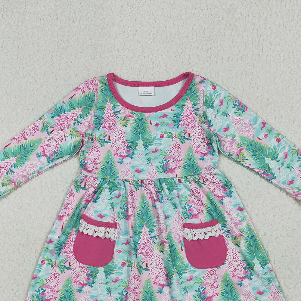 8.13  GLD1072RTS NO MOQ Baby Girls Winter Dress Baby Girls Long Ruffle Sleeves Trees Floral Pockets Knee Length Dress