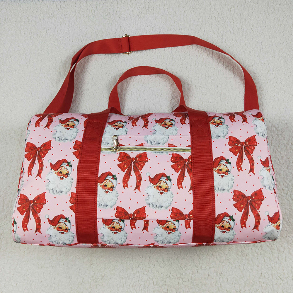 RTS NO MOQ （In stock） BA0306 Baby Bags Christmas Red Ruffle Bows Santa Print Zipper Gym Bags