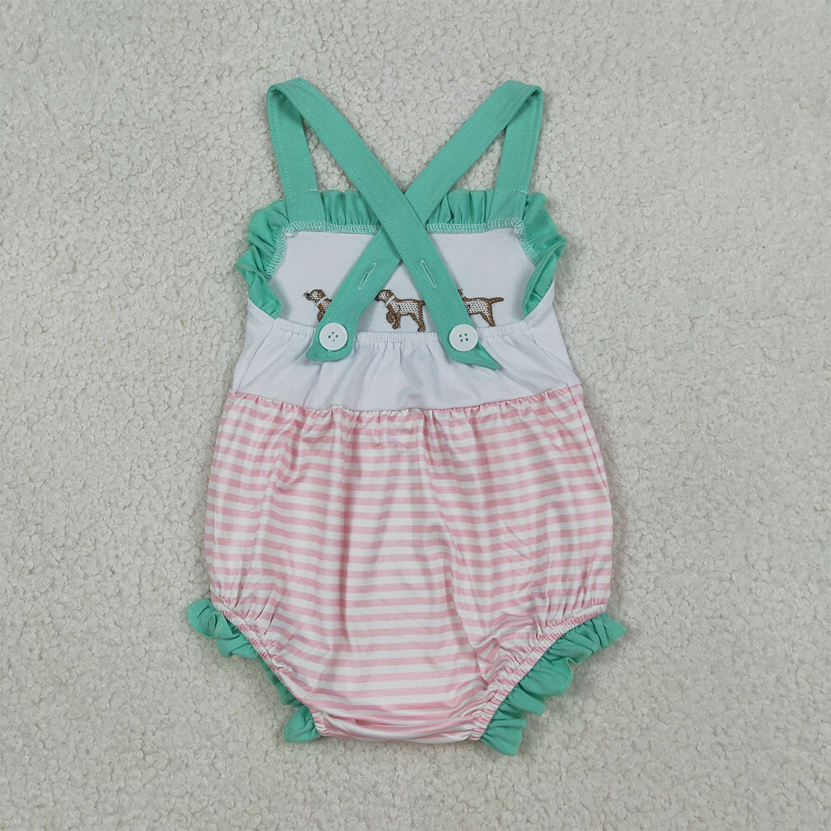 3.19 RTS NO MOQ （In stock）SR3558 Children's Fashion Romper Baby Girls Strap Embroidery Dogs Pink Stripe Hunting Rompers