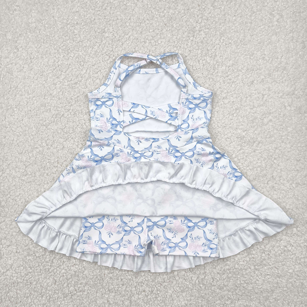 4.09 GSD2580 RTS NO MOQ Baby Girls Summer Dress Baby Girls Active Wear Blue Bow Pink Flower Yoga Dress