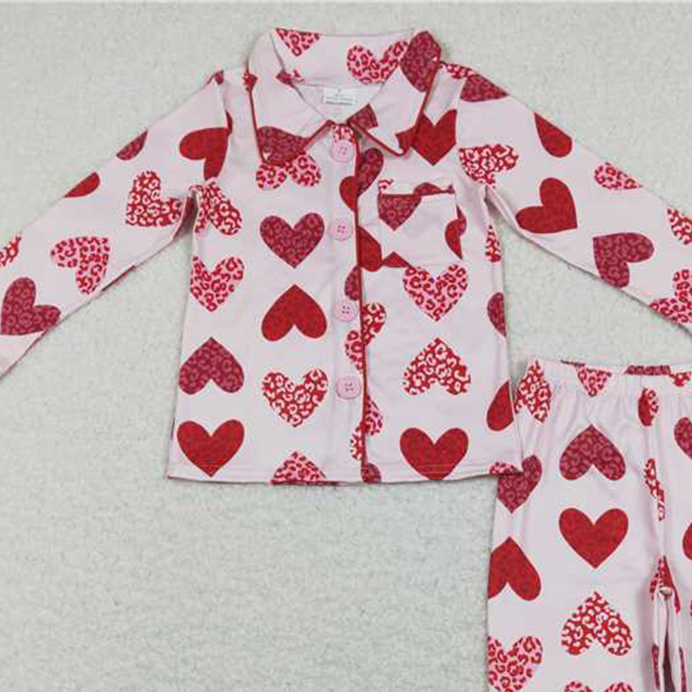 4.25 GLP1136 RTS NO MOQ Pink leopard heart girls valentine's button down pajamas