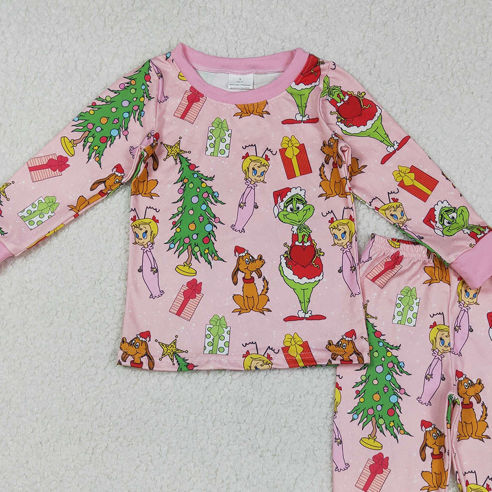 RTS NO MOQ （In stock）GLP2591 Baby Girls Winter Outfits Christmas Face Trees Gifts Top Pants Pajamas Sets