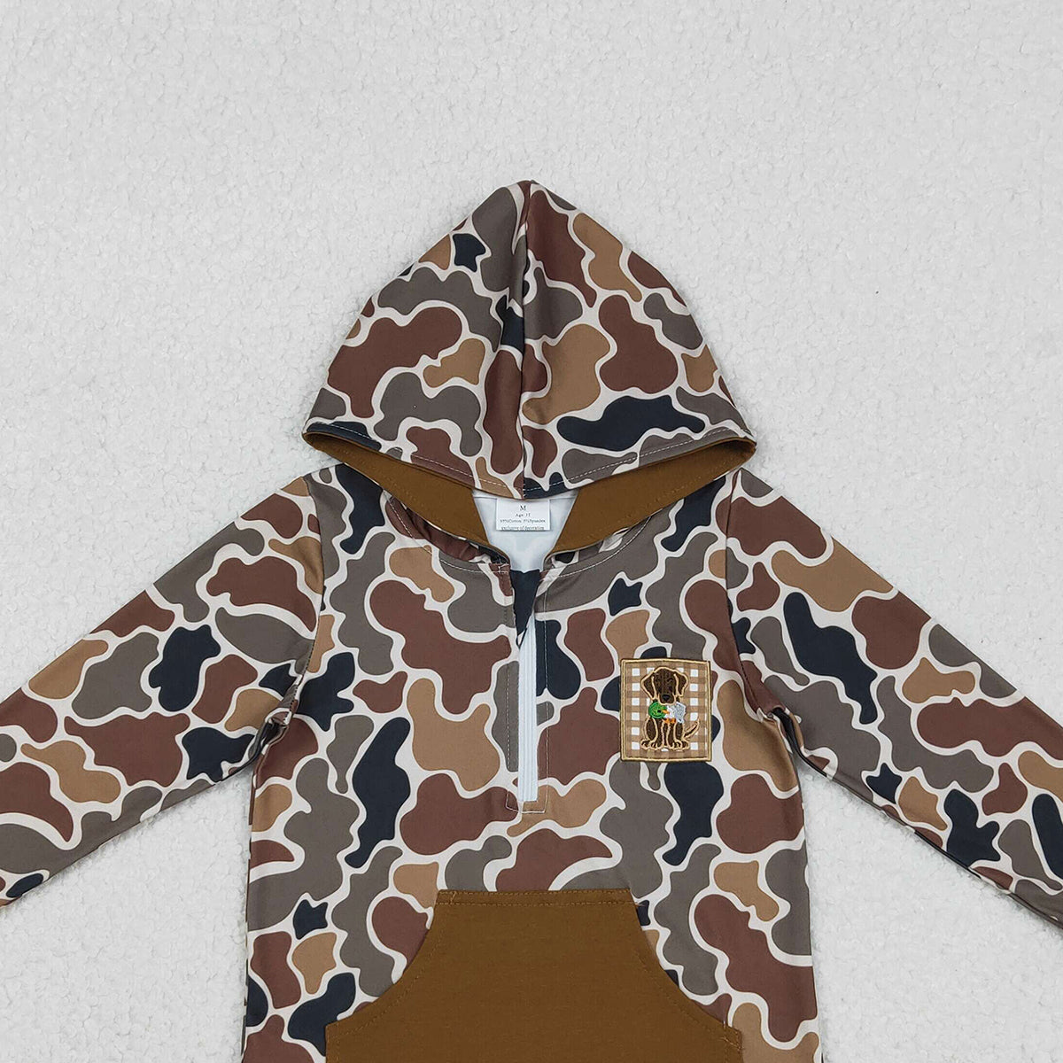 12.4 RTS NO MOQ （In stock）GT1132 Embroidery Dog Ducks Baby Girls Brown Camo Pocket Zip Hunting Hoodies Top