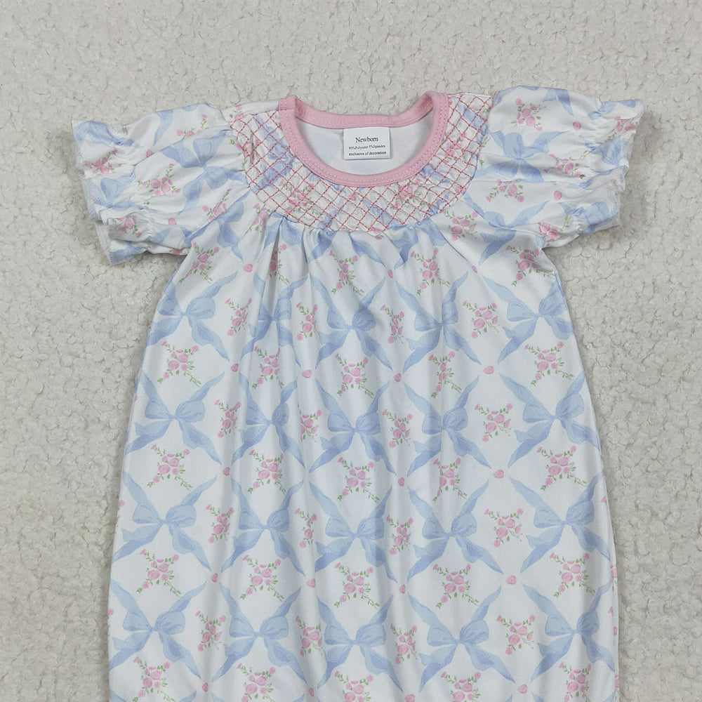 5.13 NB0045 RTS NO MOQ Baby Girls Pajamas  Embroidery Baby Newborn Bows Floral Long Ruffle Sleeves Gowns