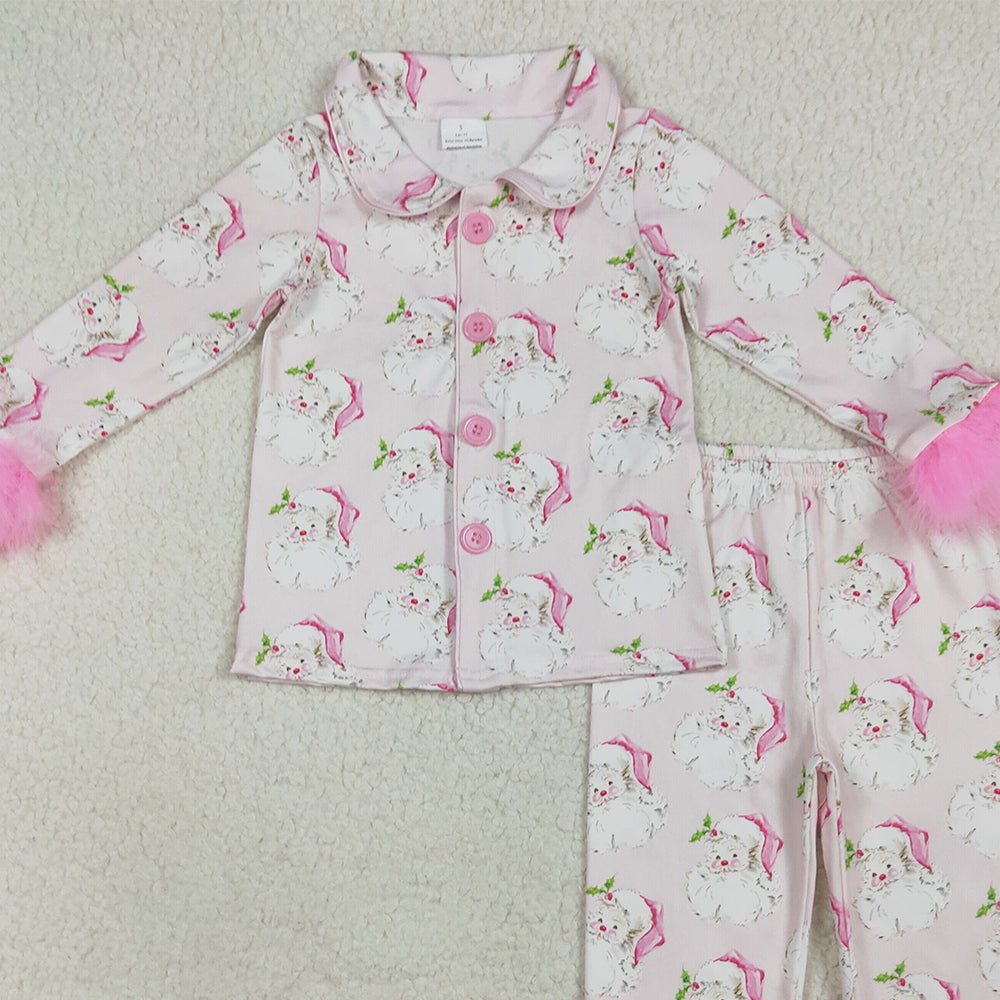 8.18 RTS NO MOQ （In stock） GLP2376 Baby Girls Winter Outfits Baby Girls Pink Long Sleeves With Fur Santa Button Top Pants Pajamas Set