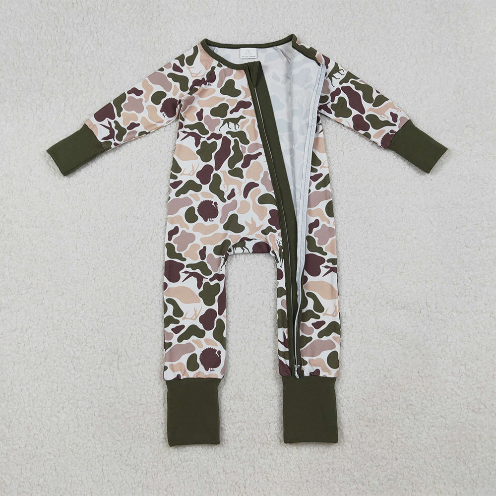 RTS NO MOQ （In stock）LR2590 Baby Boys Winter Rompers Deer Ducks Dogs Camo Southern Zipper Footie Rompers
