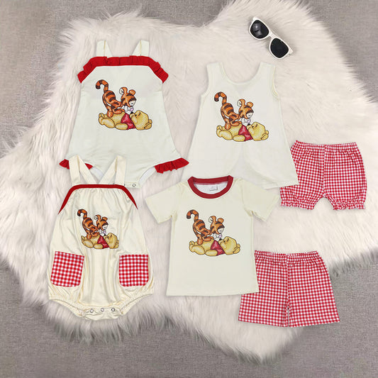 8.13  RTS Sibling Short sleeves bear top plaid shorts boys and girls clothes rompers