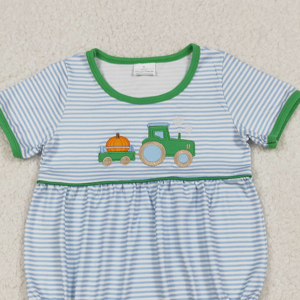 RTS NO MOQ （In stock）SR3201Baby Boys Summer Rompers Blue Stripe Pumpkins Truck Fall Rompers