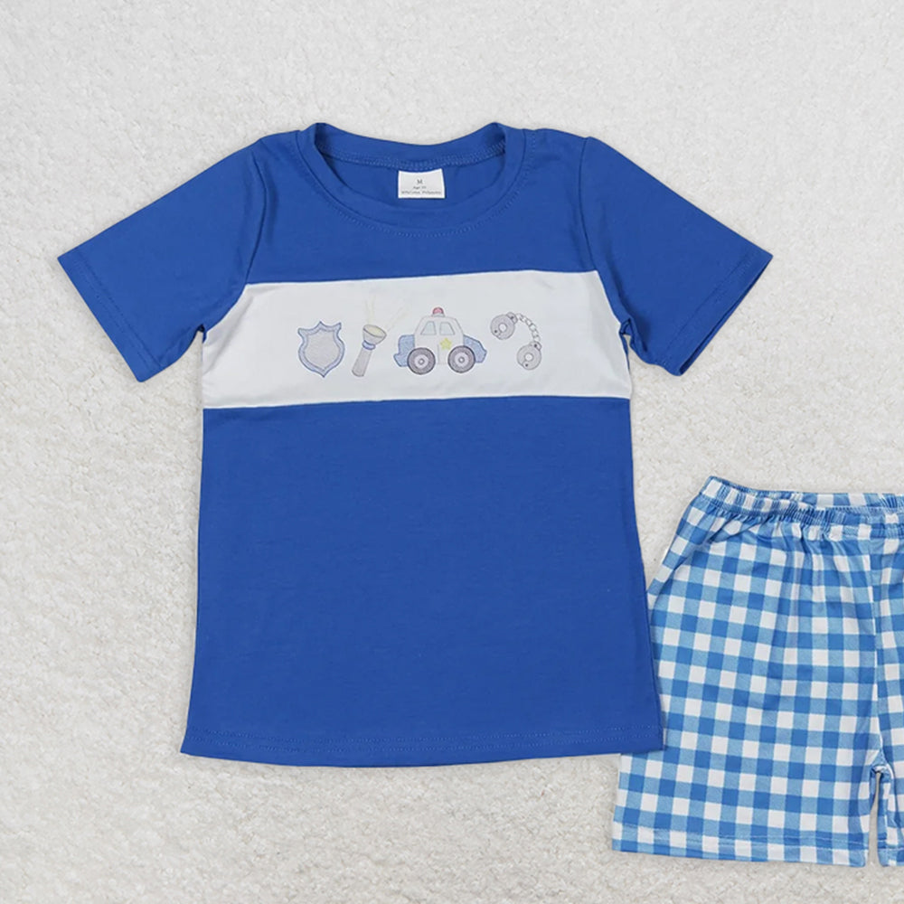BSSO0665 RTS NO MOQBaby Boys Summer Boys Outfits Baby Boys Police Blue Shirt Shorts Outfits Clothes Sets