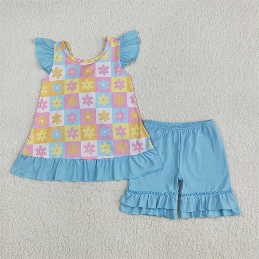 7.01 GSSO2623RTS NO MOQ Baby Girls Summer Outfits Baby Girls Blue Flutter Sleeves Flowers Plaid Tunic Ruffle Shorts Set