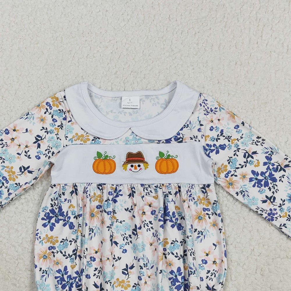 RTS NO MOQ （In stock）LR2246 Baby Girls Winter Rompers Embroidery Pumpkins Scarecrow Baby Girls Floral Ruffle Rompers