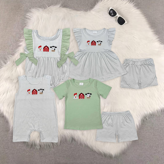 8.12  RTS Sibling Short sleeves chicken cow top plaid shorts farm boy clothes rompers