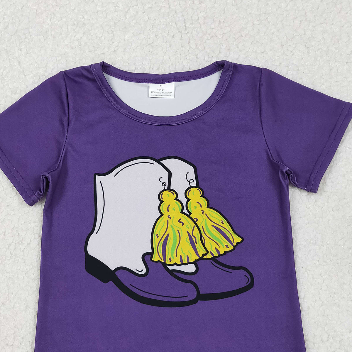 10.30 RTS NO MOQ （In stock）GT1254 Baby Girls Purple Short Sleeve Boots Tassel Mardigras Tee Shirts Top