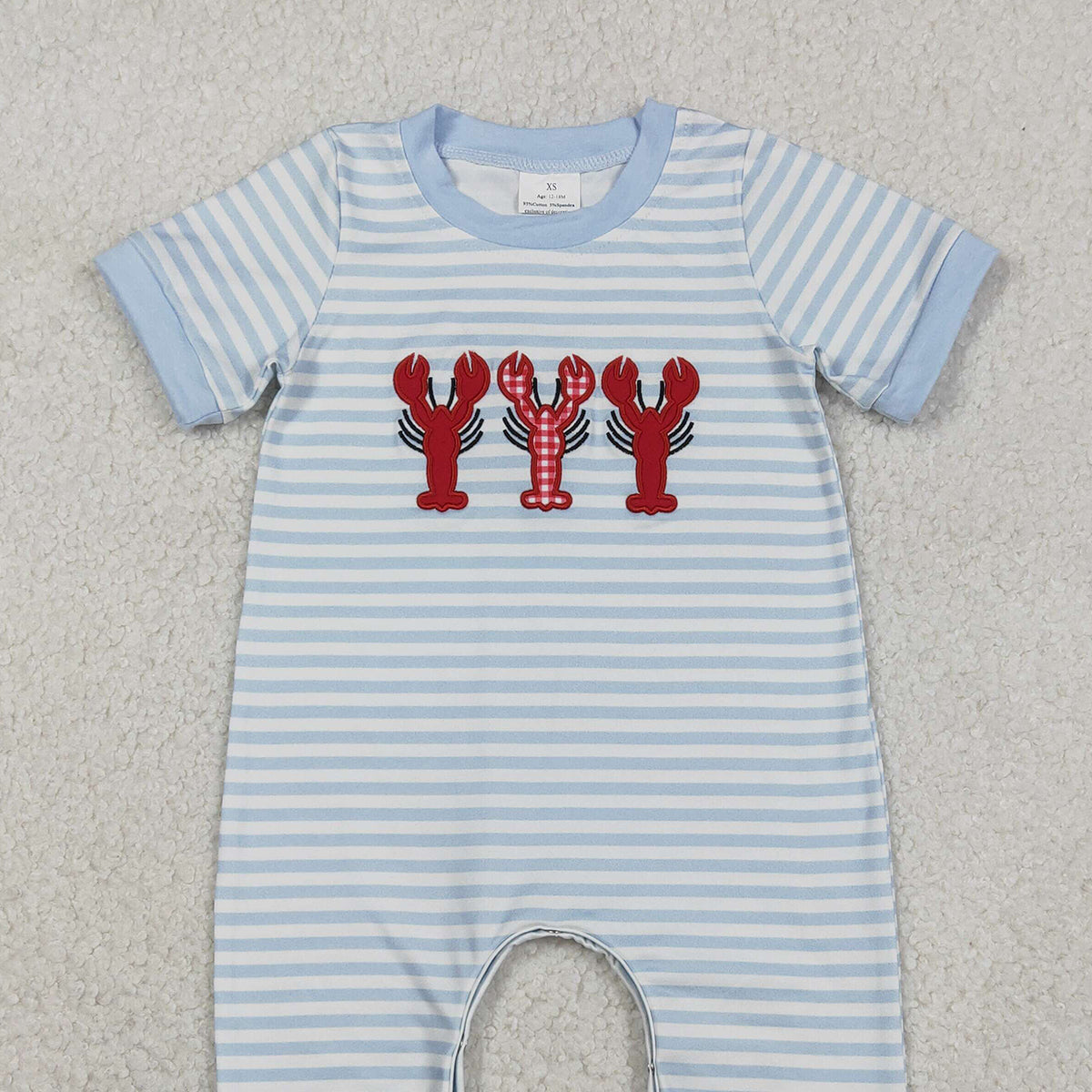 12.12 RTS NO MOQ （In stock）SR3333 Baby Boys Rompers Embroidery Crayfishes Baby Boys Grey Stripe Footie Rompers