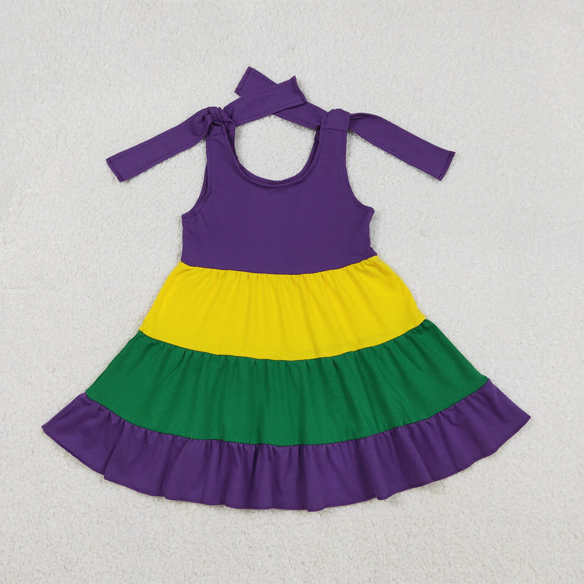 12.17 RTS NO MOQ （In stock）GSD2934 Baby Girls Bows Strap Mardigras Patchwork Ruffle Knee Length Dresses