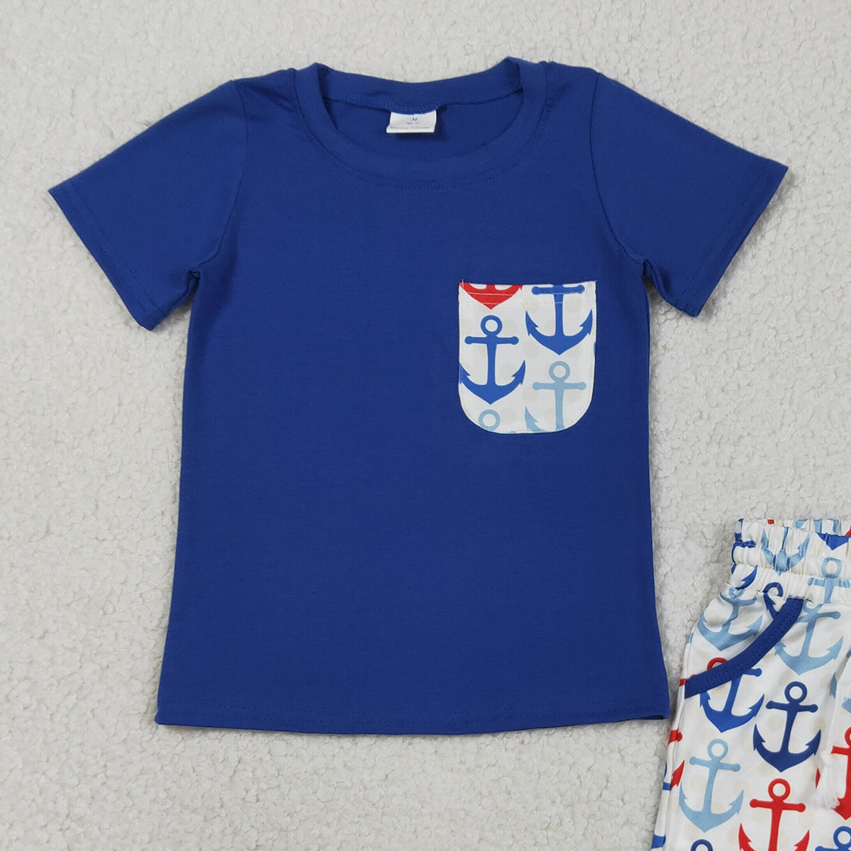 3.18 RTS NO MOQ （In stock）BSSO1874 Fashion Clothing For Baby Boys Hot Blue Shirt Top Boats Fishing Pocket Shorts Clothes Sets