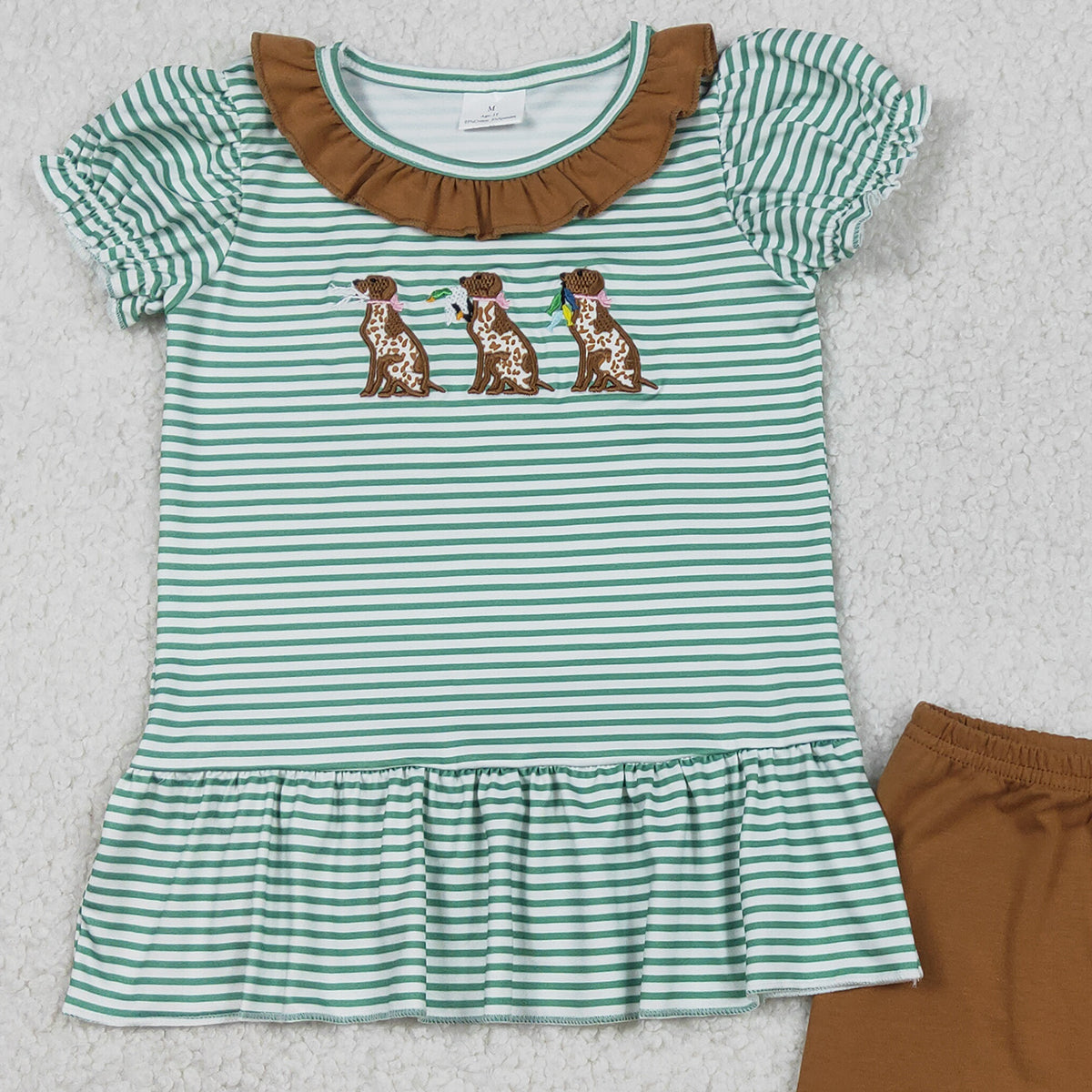 12.29 RTS NO MOQ （In stock）GSSO2793 Embroidery Ducks Dogs Baby Girls Stripe Collar Tunic Ruffle Shorts Hunting Clothes Sets