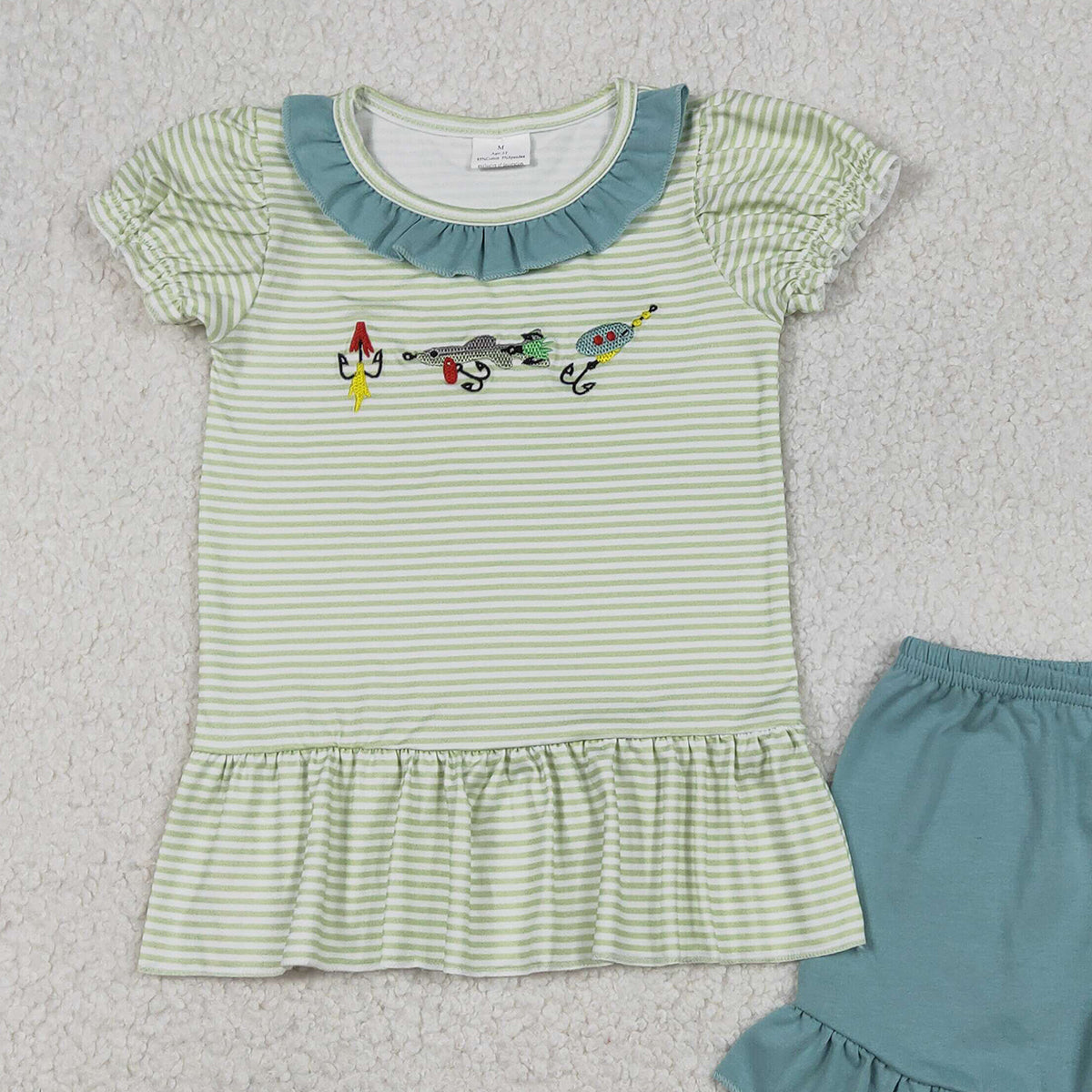 12.23 RTS NO MOQ （In stock）GSSO2792 Embroidery Fishing Baby Girls Stripe Collar Tunic Ruffle Shorts Hunting Clothes Sets