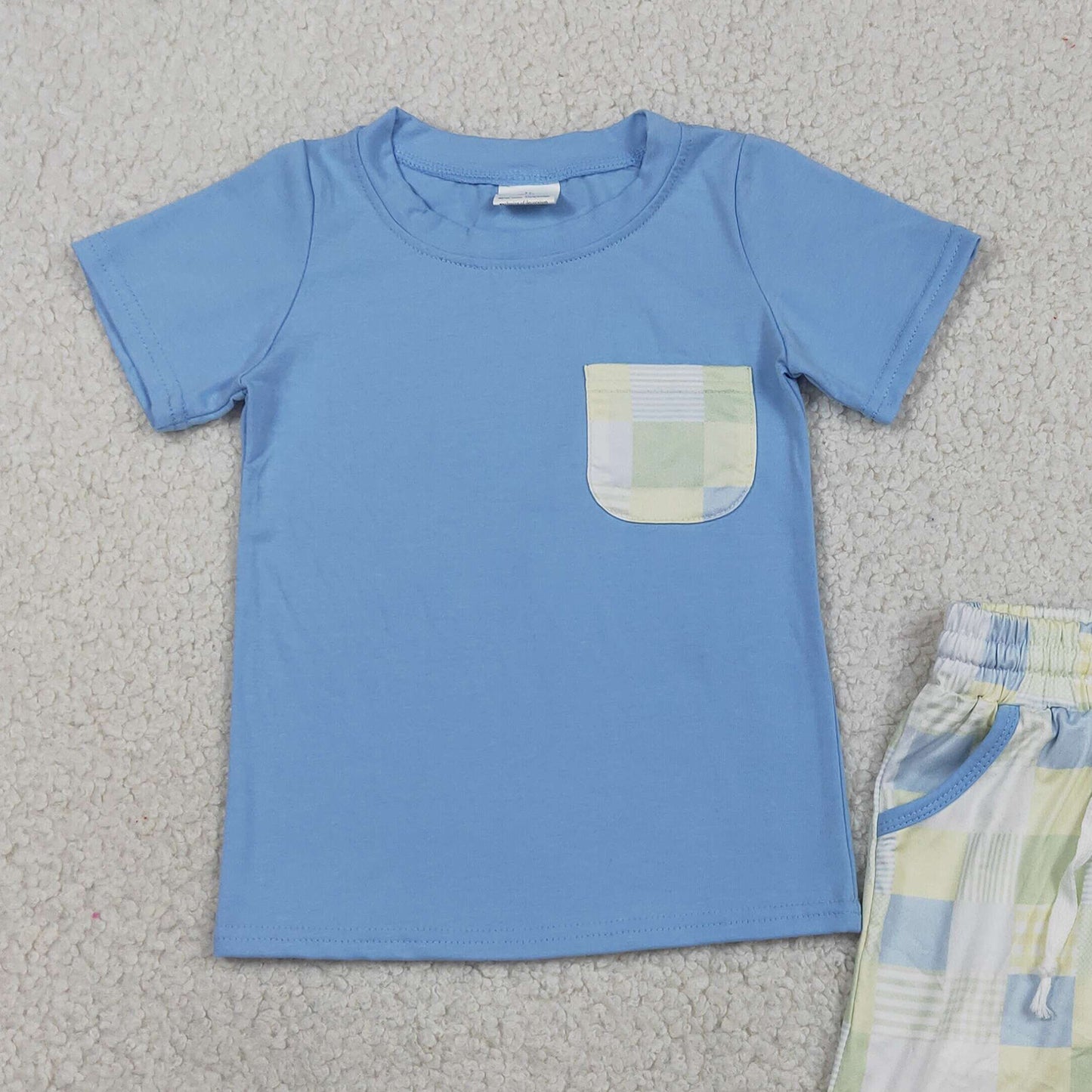 BSSO1950 RTS NO MOQ （In stock ）Baby Boys Light Blue Short Sleeve Shirt Top Checked Pockets Short Clothes Sets