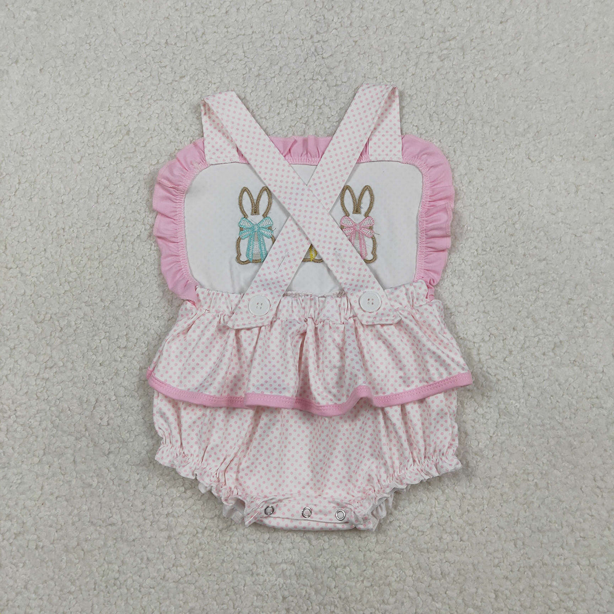 1.21 RTS NO MOQ （In stock）SR3477 Embroidery Rabbits Baby Girls Strap Polka Dots Easter Ruffle Rompers