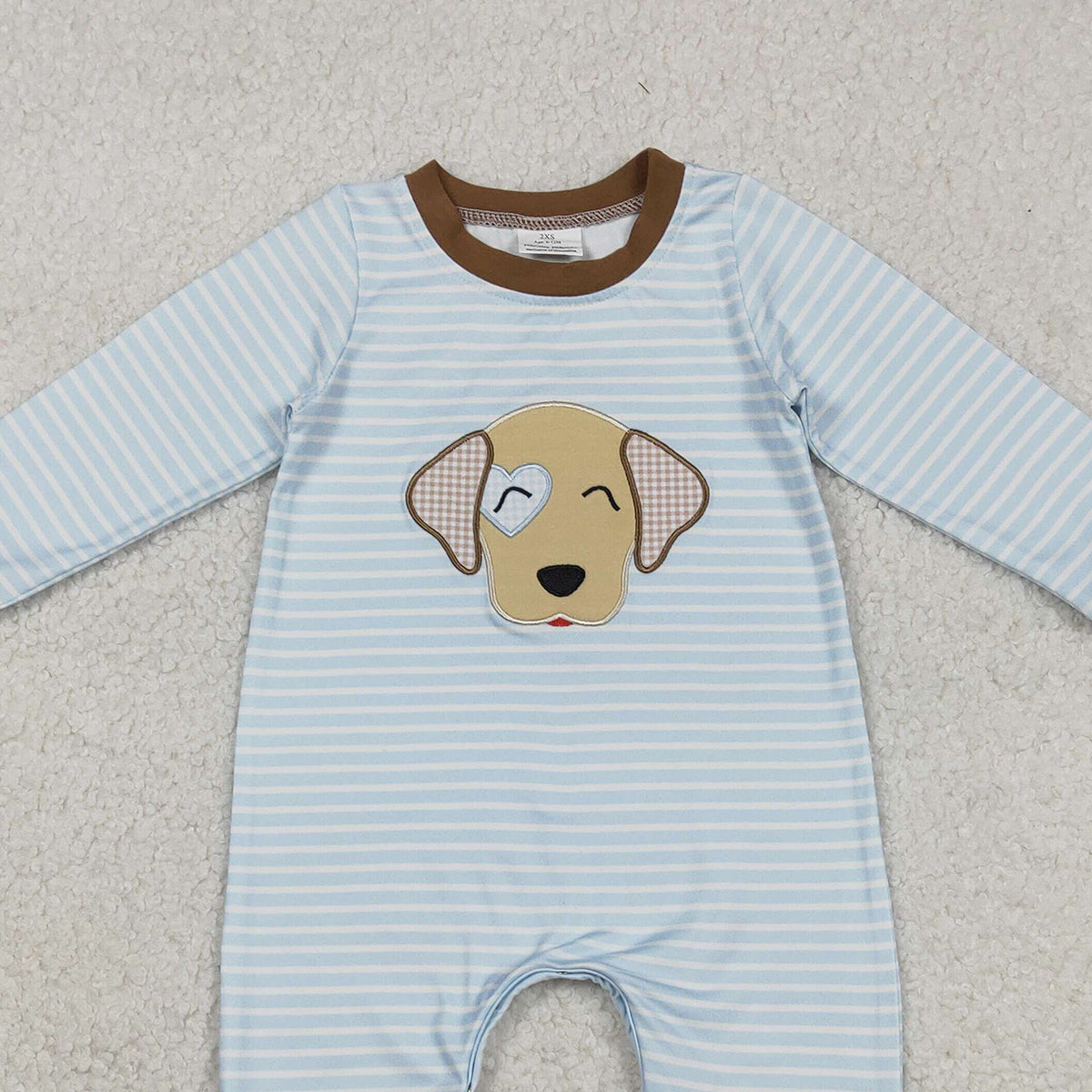 12.15 RTS NO MOQ （In stock）LR2659 Baby Boys Winter Rompers Embroidery Dog Baby Boys Blue Stripe Valentines Footie Rompers