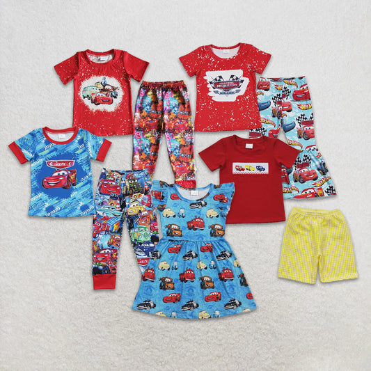 4.26 RTS NO MOQ Girls Red Car Bleached Shirt And Bell Bottom Pants Clothing Set Cute Retro Style Outfit for Kids