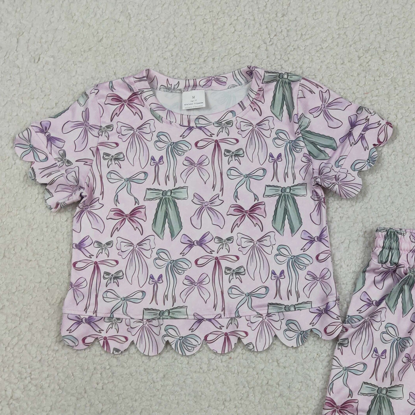 GSSO3409 RTS NO MOQ （In stock ）Short sleeves bows scallop top shorts girls summer clothes