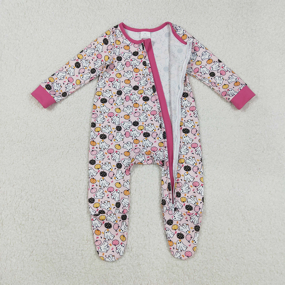 RTS NO MOQ （In stock）LR2506 Baby Girls Winter Rompers Halloween Footed Rompers Ghosts Pumpkins Design with Zipper for Infant Girls' Halloween Costume Clothing