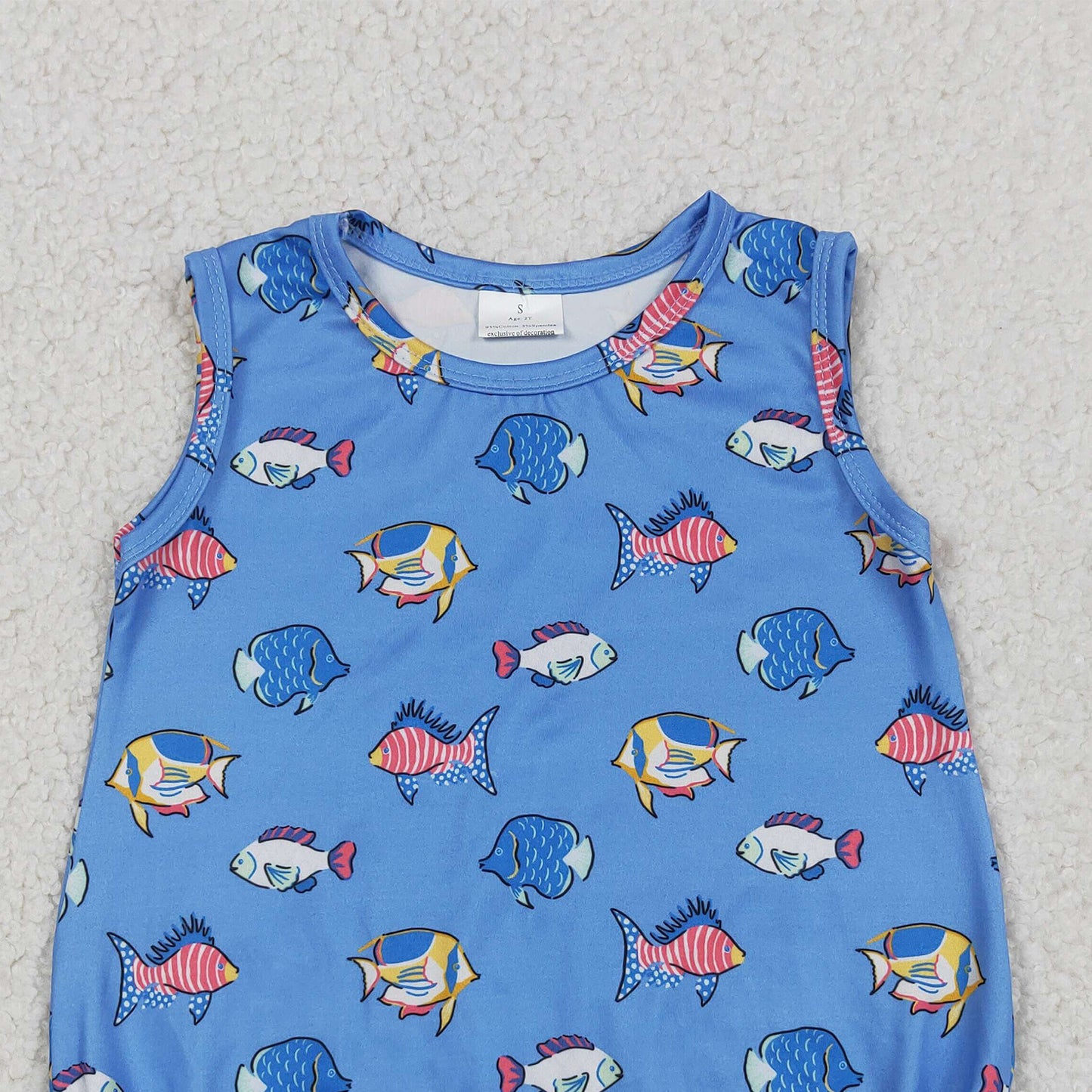 SR4151 RTS NO MOQ （In stock）Sleeveless blue fish baby boy summer romper