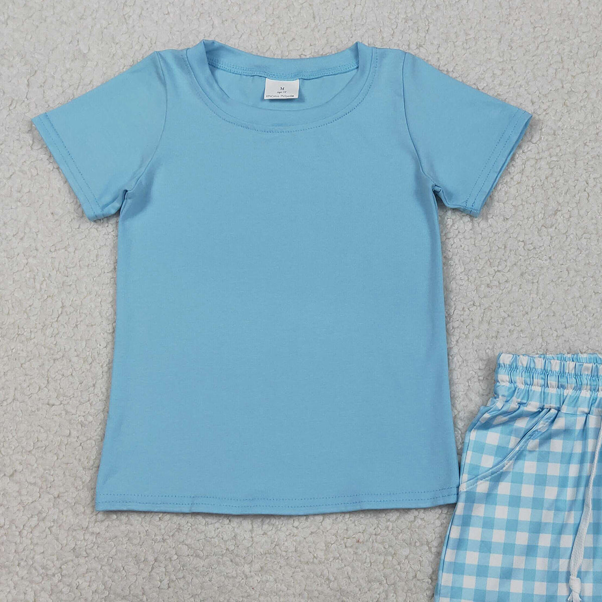 2.7 RTS NO MOQ （In stock）BSSO1883 Baby Boys Blue Short Sleeve Top Checked Pockets Shorts Clothes Sets