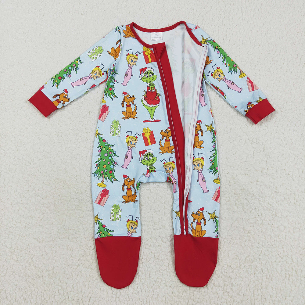 RTS NO MOQ （In stock）LR2478 Baby Girls Winter Rompers Baby Girls Green Face Christmas Trees Zipper Footed Rompers