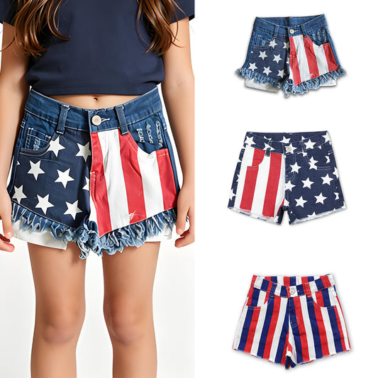 RTS Sibling Stripe star kids girls 4th of july denim shorts