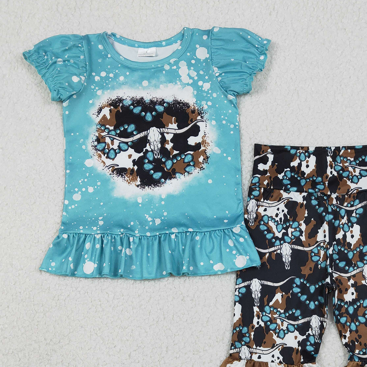 1.20 RTS NO MOQ （In stock）GSPO2116 Baby Girls Bull Skulls Turquoises Top Bell Bottom Pants Western Clothes Sets