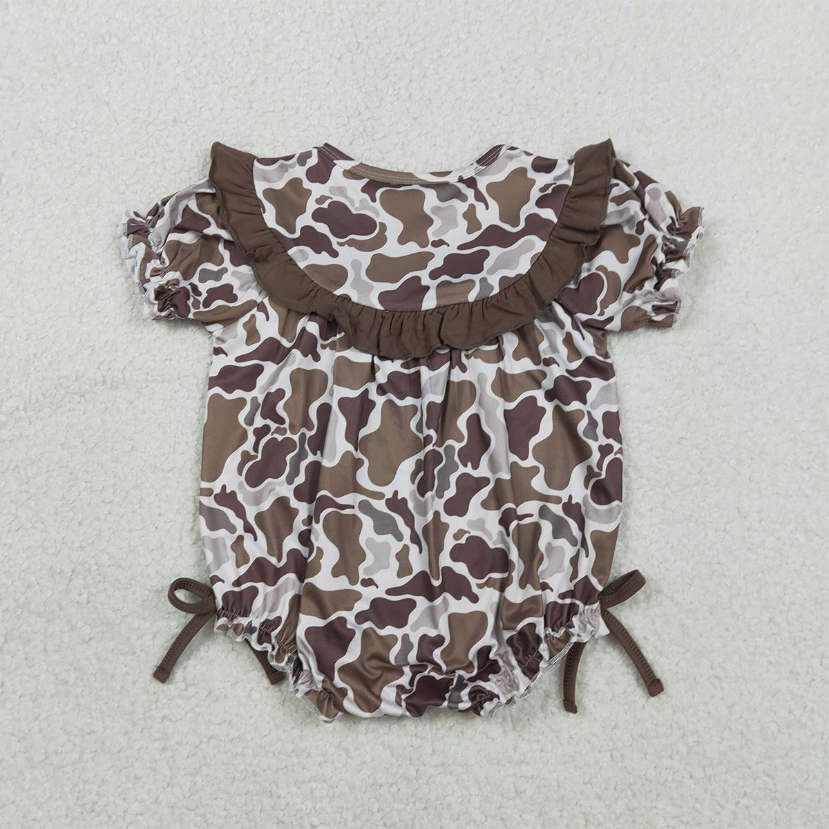 2.4 RTS NO MOQ （In stock）SR3888 Embroidery Mama's Bestie Baby Girls Southern Brown Camo Ruffle Rompers